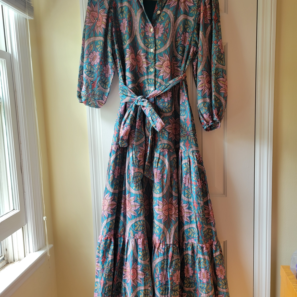 Oliphant Teal and Pink Floral Maxi Dress